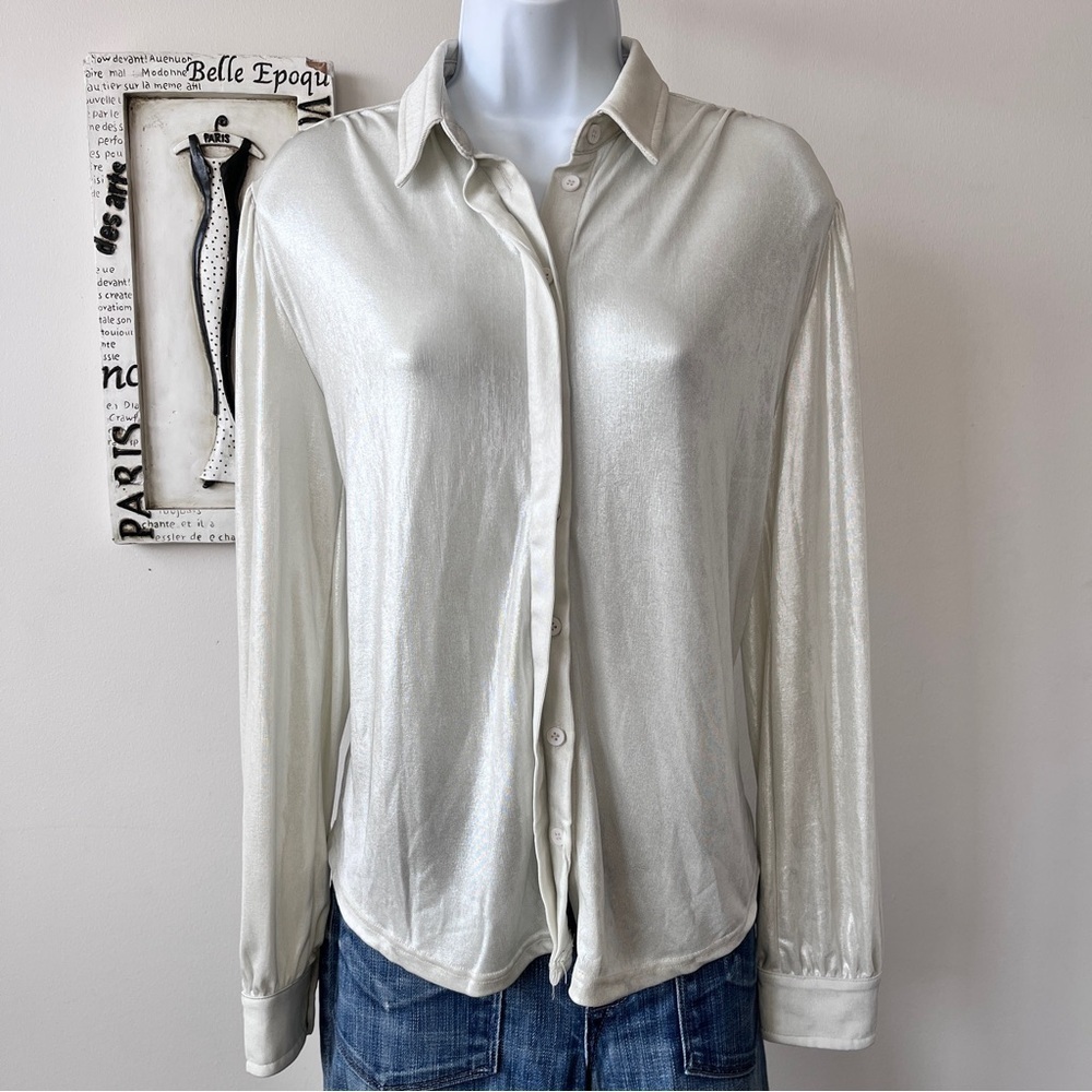 HYFVE Cream Metallic Shimmer Long Sleeve Button Down Shirt Women’s Top Size S